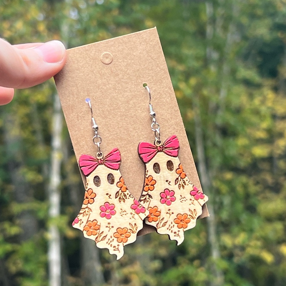 Laser Engraved Ghost and Floral Wood Earrings